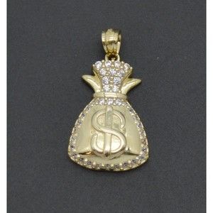 Real 10K Solid Yellow Gold Dollar Money Bag Textured CZ Charm Pendant 2.2grams